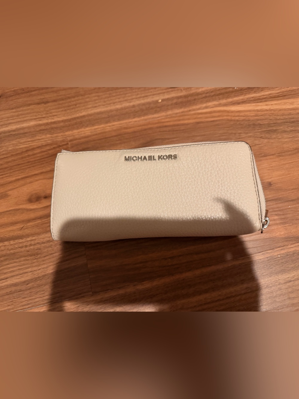 Michael Kors Light Beige Pebbled Zip Wallet with Silver Logo
